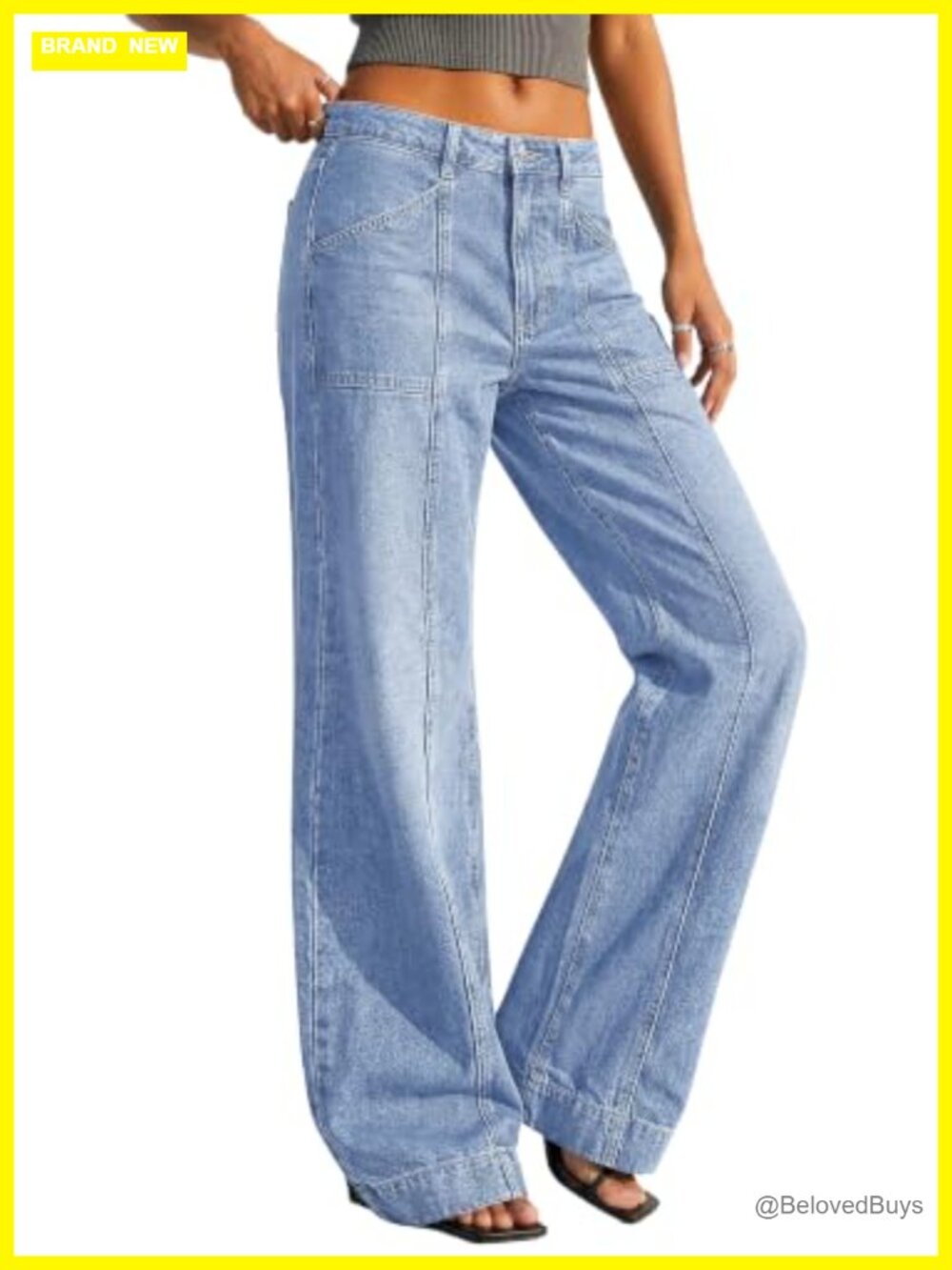 High Waisted Wide Leg Stretchy Straight Leg Baggy Jeans Front Seam Denim Pants - Picture 5 of 7